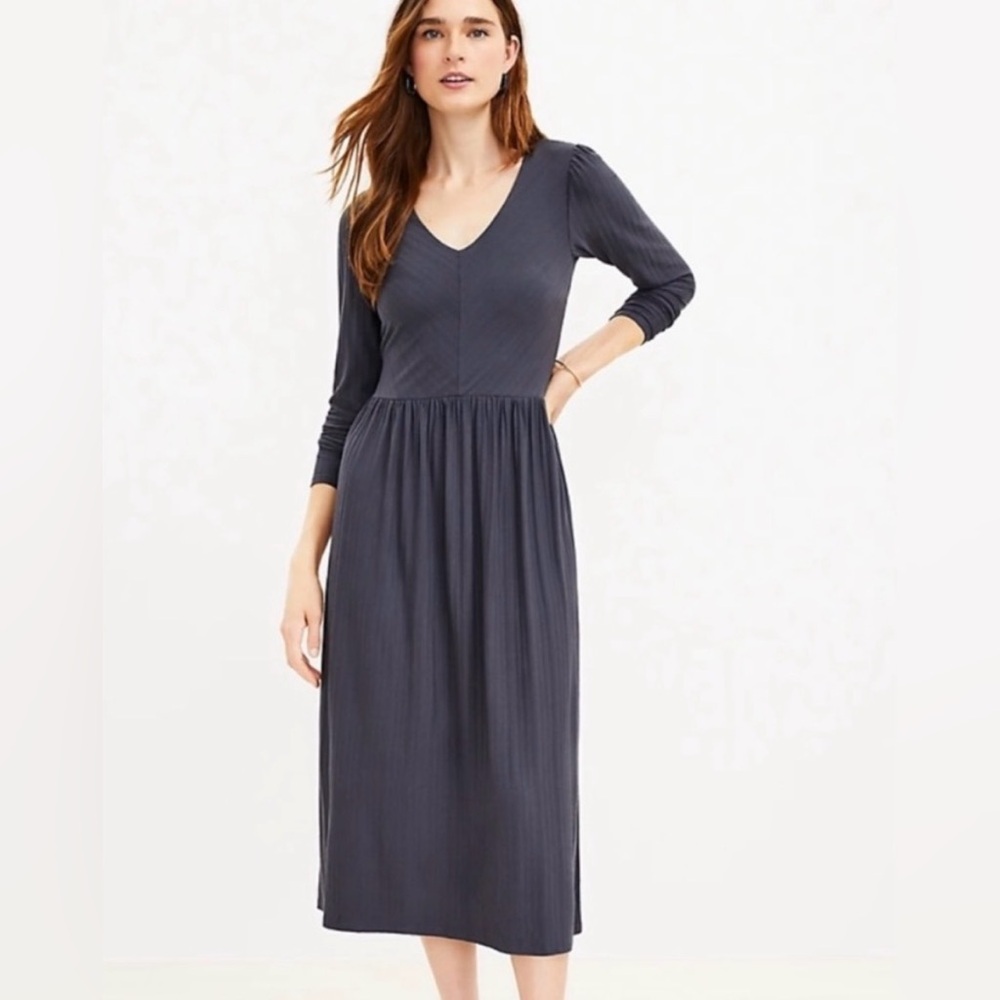 NEW LOFT Gray Textured Midi Tie Back Dress Size 10